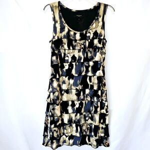 Ann Taylor Layered Abstract Print Dress in Black, Blue, Tan, & Cream
